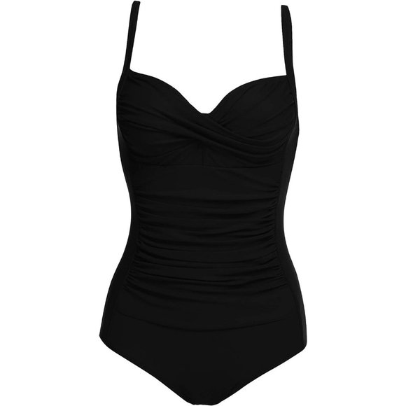 Women's Black One Piece Ruched Vintage Retro Push Up Swimwear - Picture 4 of 6